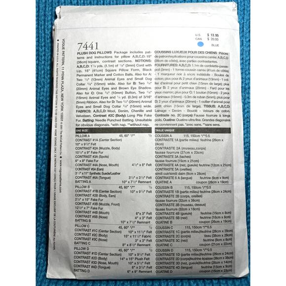 Vogue Pattern 7441 Dog Throw pillows - Picture 5 of 9